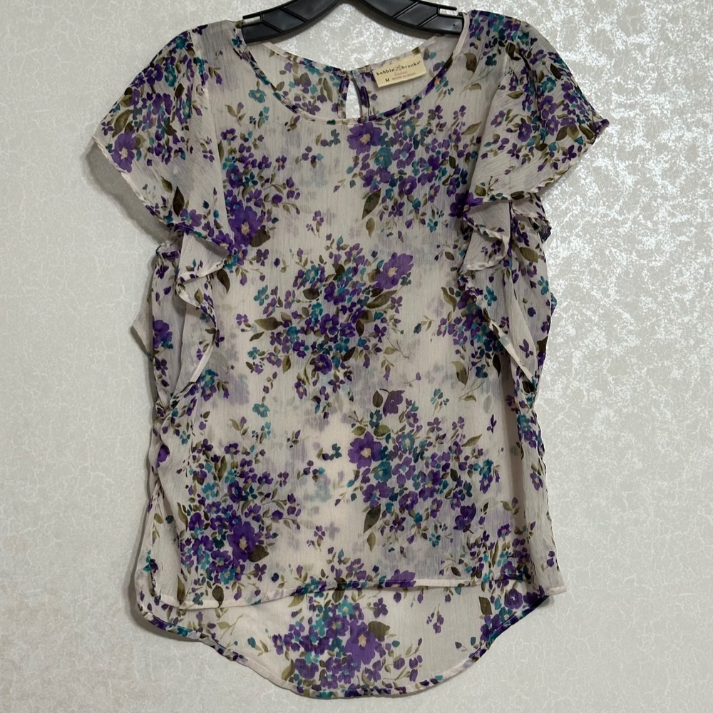 Bobbie Brooks Ladies Floral Blouse Ruffle Sleeve Shirt Sheer Top‎ Cottagecore M
